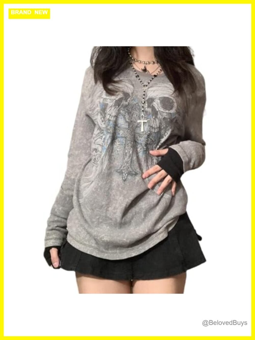 Womens Gothic Skull Print Long Sleeve Grunge Tee Y2K Fairycore Top